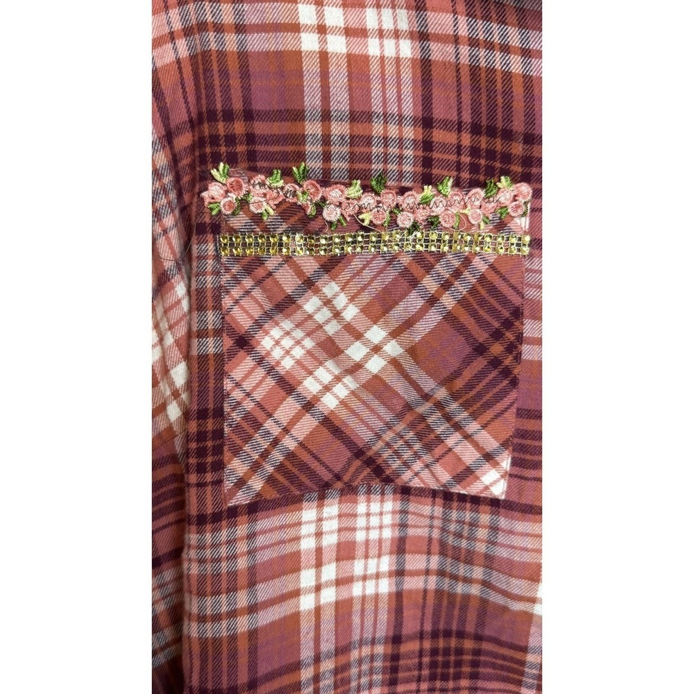 women's 100% Organic Cotton Plaid Shirt 3X Pink Floral Embroidery - Picture 6 of 9